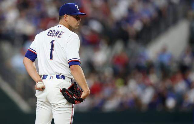Texas Rangers starting pitcher MacKenzie Gore on the mound during the home opener against the Cincinnati Reds on Friday, April 3, 2026.